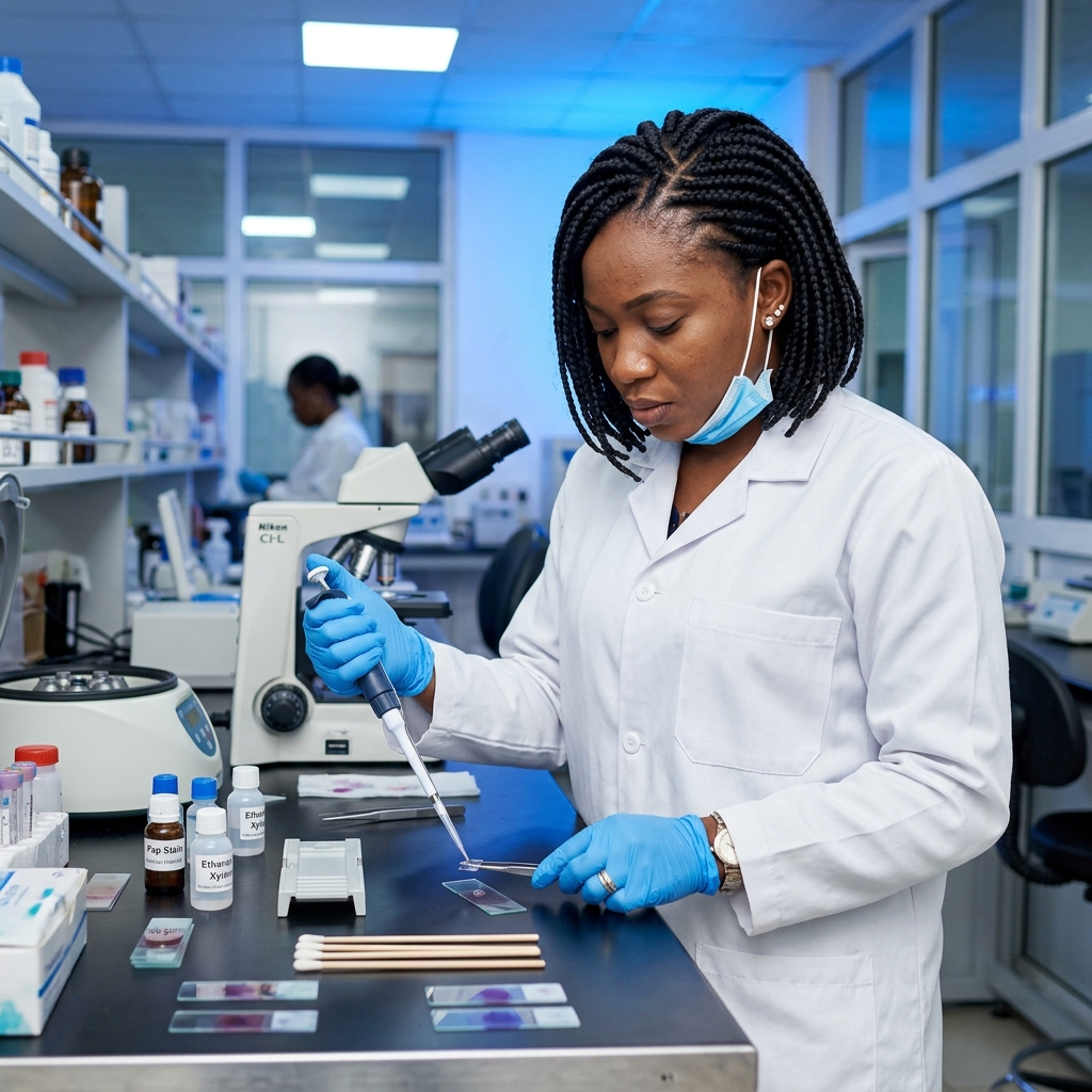Nigerian cytotechnologist preparing slides