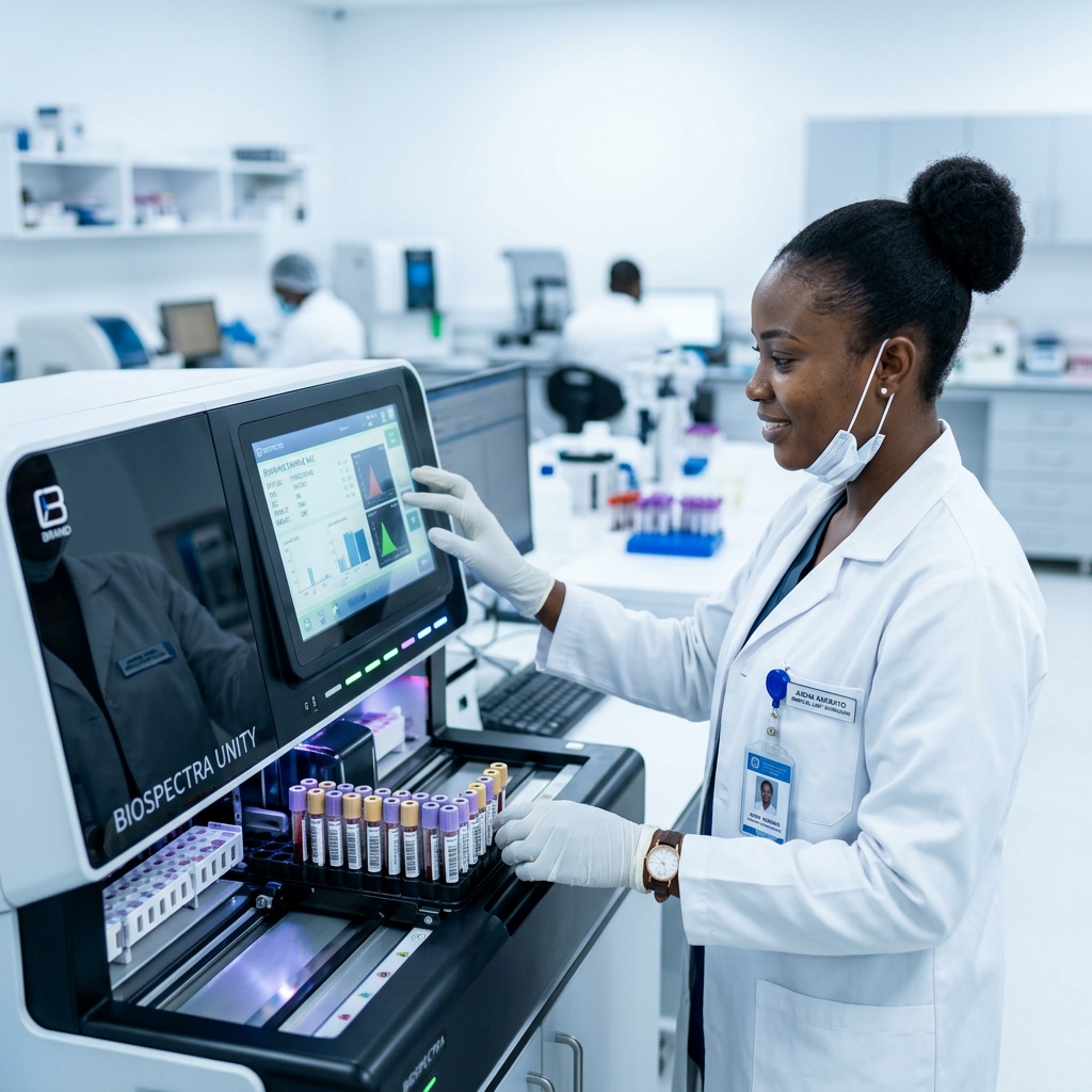 Nigerian lab technician operating automated blood analyzer